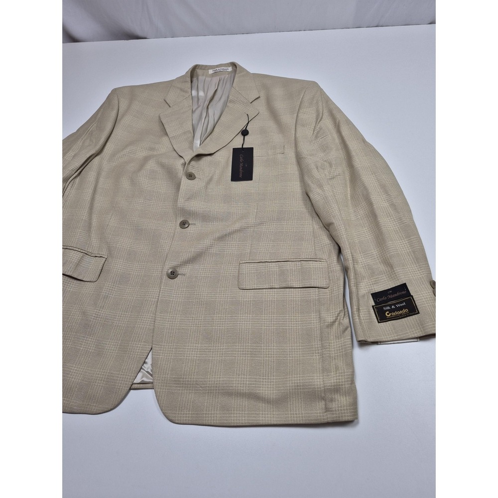 Carlo Mandrone Blazer Mens 46R Beige Silk Wool Plaid Tweed Sport Coat Italy NWT